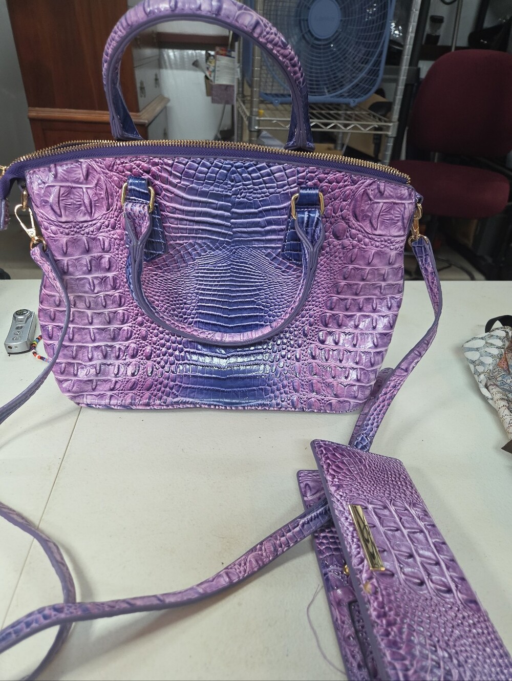 Purple Croc-Embossed Tote Bag with Removable Wallet - Picture 6 of 7
